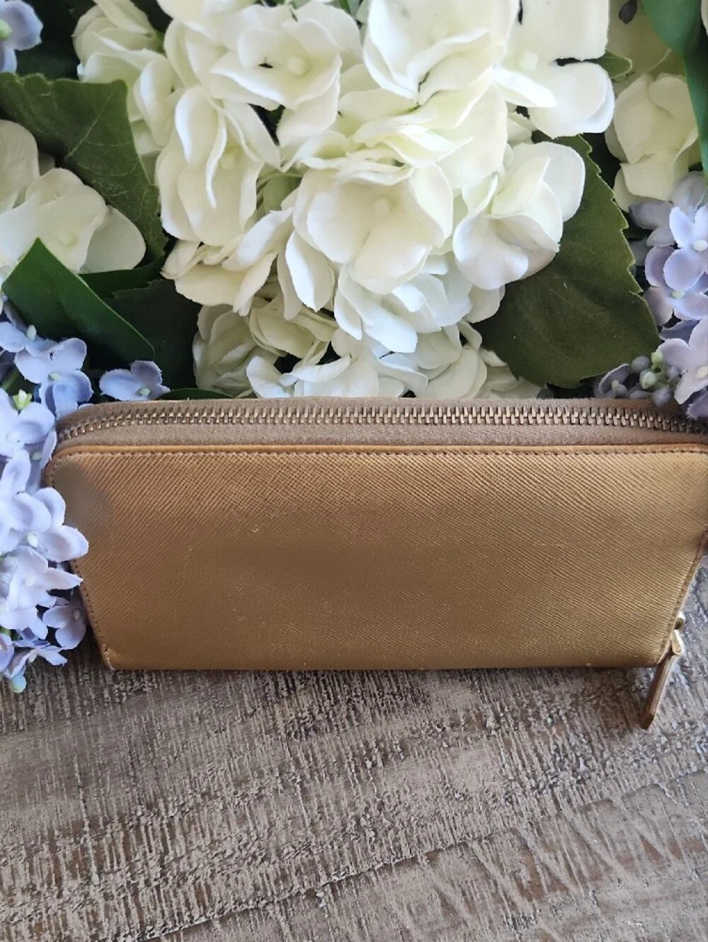 Prada Metallic Gold Bow Zip-Around Wallet